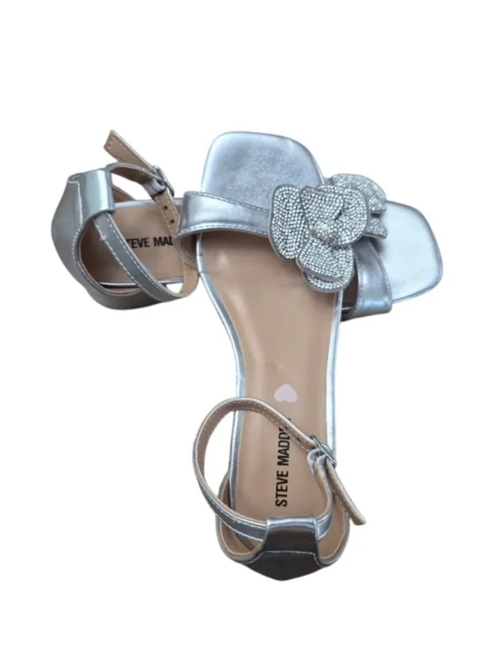 Steve Madden Silver Rhinestone Bow Dress Sandals Block Heel Ankle Strap (2).